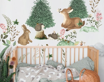 Watercolor Woodland Animals Wall Decal: Magical Forest Nursery Art