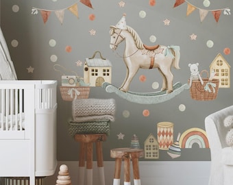 Retro Toys Wall Decals – Watercolor Nursery Sticker Set – Vintage Rocking Horse, Bunting Flags, Pastel Toys – Baby Room Wall Decor