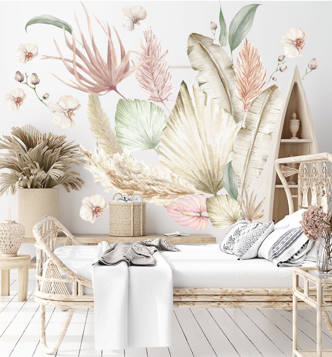 Boho Leaves Wall Decals Boho Nursery Decor Tropical Leaf Etsy