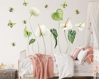 Watercolor Floral Wall Decals: Tropical Leaves, Anthurium & Bees