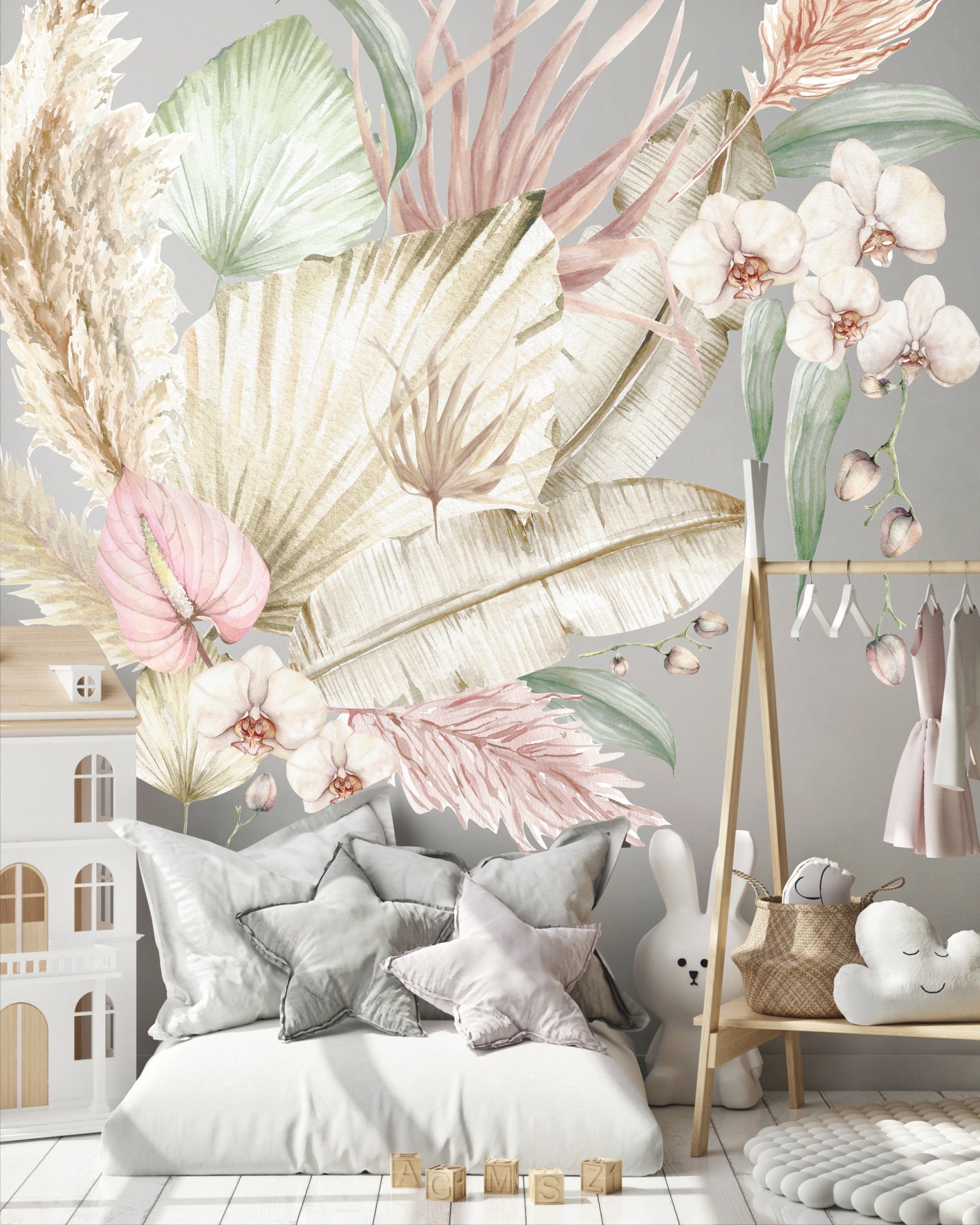 Boho Leaves Wall Decals Boho Nursery Decor Tropical Leaf Etsy