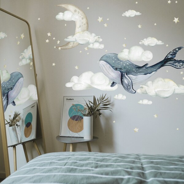 Watercolour Whale Wall Decal - Marine Dreams Wall Decal - Whales in Sky Wall Decals