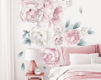 Watercolor Peony Flower Wall Decal: Pink Peonies Nursery Decor