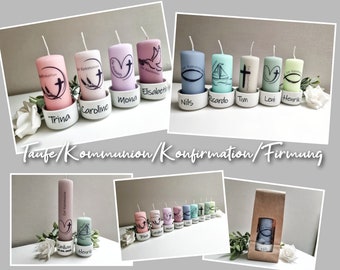 Communion/confirmation/confirmation/baptism - candle + holder - gift, table decoration, personalized in various colors