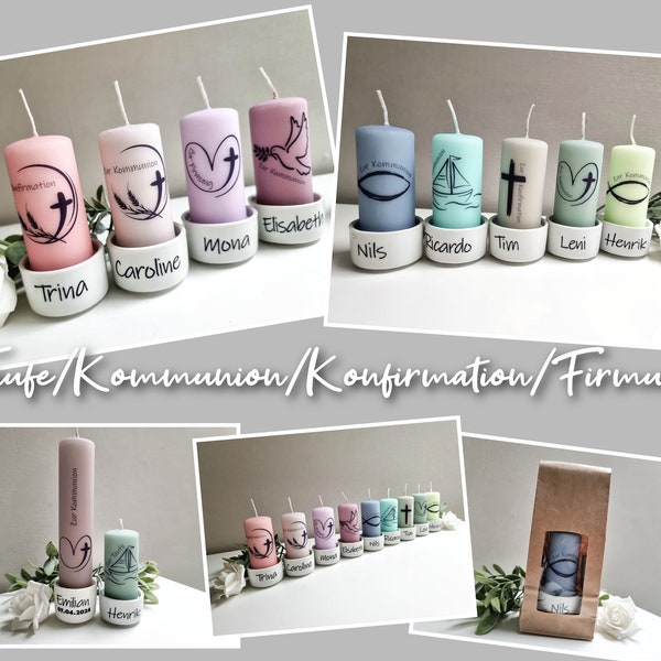 Kommunion/ Konfirmation/ Firmung/ Taufe - Kerze + Halter - Geschenk, Tischdekoration, personalisiert versch. Farben