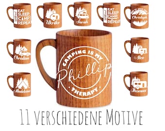 Holztasse mit Campingmotiv - personalisiert - Tasse aus Holz