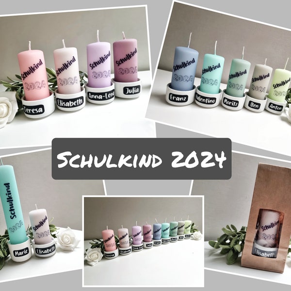 Schuleinführung/ Einschulung - Kerze + Halter - Geschenk, Tischdekoration, personalisiert versch. Farben