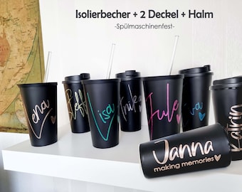 Dishwasher safe - no sticker!!! Mug black/white personalized, 2 different lids + drinking straw, 400ml - 14 different colors