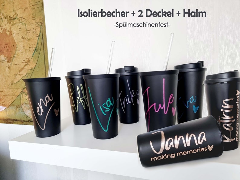 Spülmaschinenfest kein Aufkleber Becher schwarz/weiß personalisiert, 2 versch. Deckel Trinkhalm, 400ml 14 verschiedene Farbtöne Bild 1