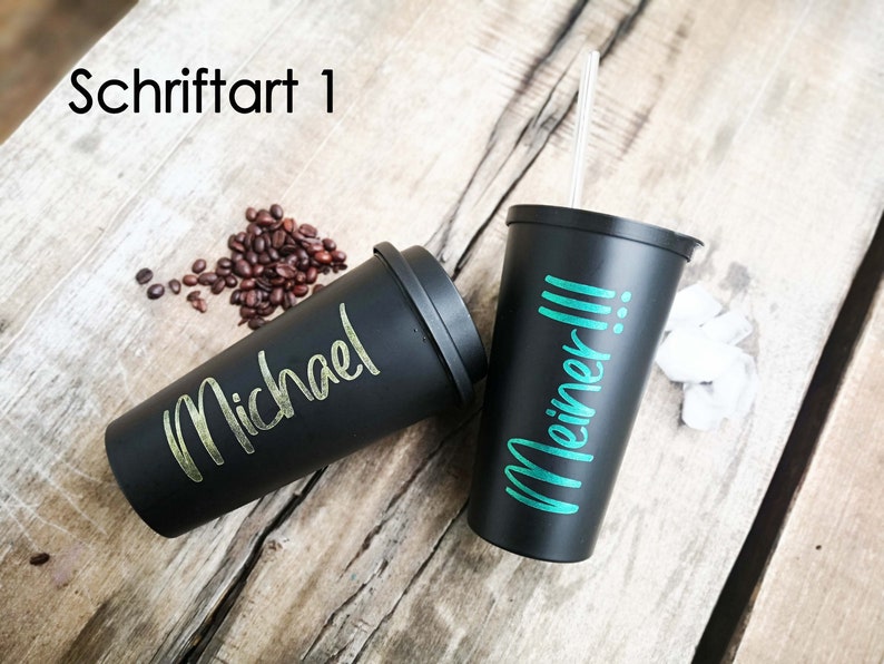 Spülmaschinenfest kein Aufkleber Becher schwarz/weiß personalisiert, 2 versch. Deckel Trinkhalm, 400ml 14 verschiedene Farbtöne Bild 3