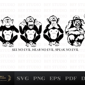 May include: Black and white illustration of three monkeys, each covering a different part of their face. The first monkey covers its eyes, the second covers its ears, and the third covers its mouth. The text "See no evil, hear no evil, speak no evil" is below the monkeys.