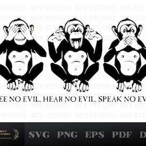 May include: Three black and white monkeys, each covering a different part of their face. The monkey on the left is covering its eyes, the monkey in the middle is covering its ears, and the monkey on the right is covering its mouth. The text "See no evil, hear no evil, speak no evil" is below the monkeys.