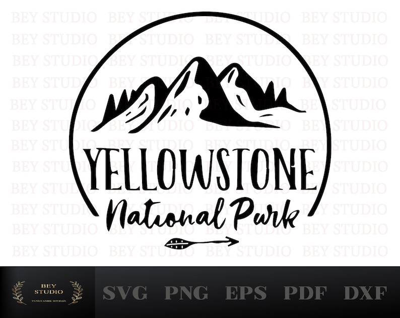 May include: Black and white graphic design of a mountain range with the text "Yellowstone National Park" in a circle. The design includes a small arrow with a leaf at the bottom.