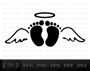 May include: Black and white silhouette of a pair of baby footprints with a halo above them and angel wings on either side.