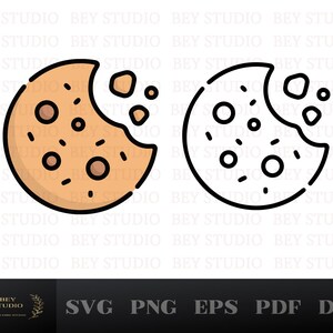 May include: A brown chocolate chip cookie with a bite taken out of it. The cookie is outlined in black and has chocolate chips and a few crumbs around it. There is a black and white outline of the same cookie next to it.