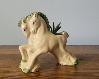 Vintage Twin Horses Ceramic Planter Cream and Green