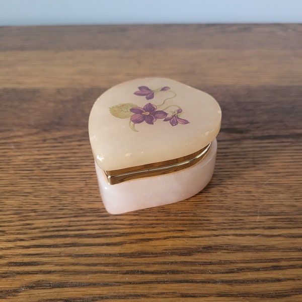 Vintage Pink Alabaster and Purple Flower Ring or Jewelry Holder Box Made in Italy Lefton