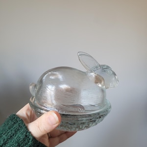 Vintage Bunny Rabbit on Nest or Basket Covered Clear Glass Candy Dish