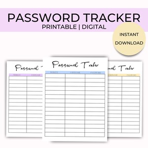 Password Tracker, Printable, Digital Download, PDF and JPEG included in 5 Colors