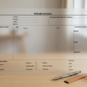 Könnte beinhalten: Ein durchscheinendes Blatt mit dem italienischen Text "Scheda tecnica" liegt auf einer Holzoberfläche. Das Blatt hat ein Raster von Textfeldern und wird von einem Stift, einem Holzlineal und einer Garnrolle begleitet. Es scheint sich um eine technische Zeichnung zu handeln.