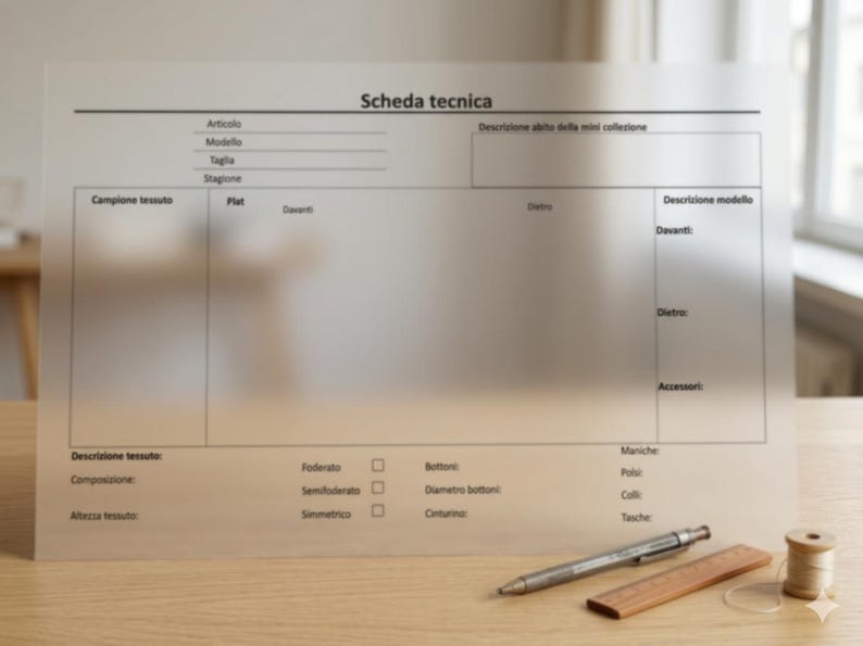 May include: A translucent sheet with the Italian text "Scheda tecnica" is on a wooden surface. The sheet has a grid of text fields and is accompanied by a pen, a wooden ruler, and a spool of thread. The sheet appears to be a technical drawing.