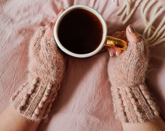 Simple Fingerless Gloves with a Textured Bobble Cuff- Luiza Fingerless Mitts