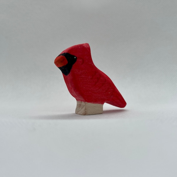 Male cardinal bird wooden toy pretend play Montessori Waldorf vegan nature handcrafted