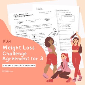 May include: A weight loss challenge agreement for three people, with a fun design. The document includes sections for setting terms, weight loss goals, and rewards. The image also features illustrations of three women in workout attire.