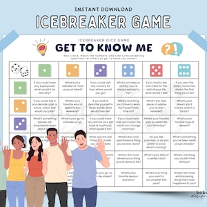 Gra do druku na przełamanie lodów Gra budująca zespół Poznajcie się Pytania na przełamanie lodów Zabawna gra na przełamanie lodów Rzuć kostką Rozmowy przy stole Impreza z kostkami