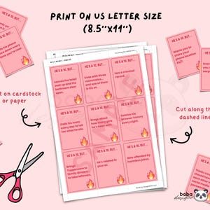 May include: Pink printable game cards with the text "HE'S A 10, BUT..." and various relationship scenarios. The cards are designed to be printed on US Letter size paper (8.5"x11"). Includes scissors and instructions.