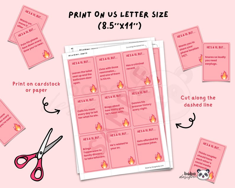 May include: Pink printable game cards with the text "HE'S A 10, BUT..." and various relationship scenarios. The cards are designed to be printed on US Letter size paper (8.5"x11"). Includes scissors and instructions.