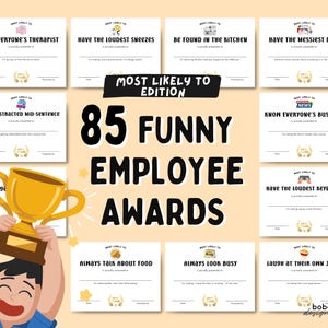 以下が含まれることがあります： 85個の面白い従業員賞のコレクション。それぞれにユニークな最上級があります。賞は、白のカードに「みんなのセラピストになる」や「みんなのビジネスを知っている」などの遊び心のあるイラストとテキストで表示されます。漫画のキャラクターが金色のトロフィーを持っています。