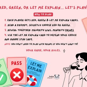May include: A playful illustration for a drinking game, featuring cards with "Keep", "Pass", and "Let Me Explain" text. The game's rules are displayed, along with a person drinking wine. The text reads "Red, Green, or Let Me Explain... Let's Play!"