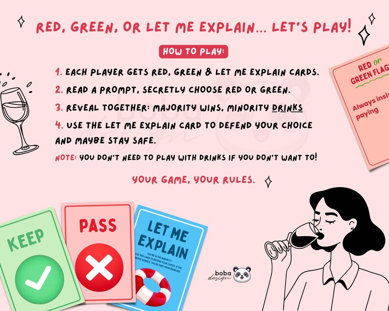 May include: A playful illustration for a drinking game, featuring cards with "Keep", "Pass", and "Let Me Explain" text. The game's rules are displayed, along with a person drinking wine. The text reads "Red, Green, or Let Me Explain... Let's Play!"