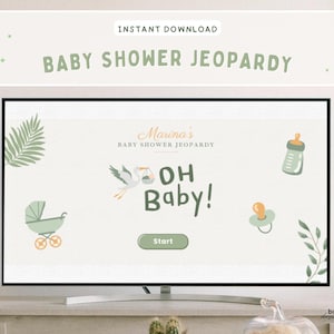 May include: A television screen displays a baby shower Jeopardy game. The screen features the text "Baby Shower Jeopardy" and "Oh Baby!" along with illustrations of a stroller, stork, bottle, and pacifier. The game is labeled "Marina's Baby Shower Jeopardy."