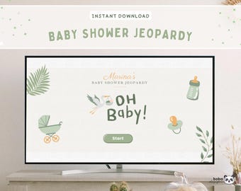 Könnte beinhalten: Ein Fernsehbildschirm zeigt ein Babyparty-Jeopardy-Spiel. Der Bildschirm zeigt den Text "Baby Shower Jeopardy" und "Oh Baby!" mit Illustrationen eines Kinderwagens, eines Storchs, einer Flasche und eines Schnullers. Das Spiel trägt den Titel "Marina's Baby Shower Jeopardy."