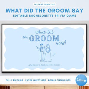 May include: A framed print with the text "WHAT DID THE GROOM SAY" and "EDITABLE BACHELORETTE TRIVIA GAME" in blue. The design includes a bride and groom illustration and the text "Anastasia's Bachelorette Trivia". The bottom of the print reads "FULLY EDITABLE + EXTRA QUESTIONS + BONUS CHECKLISTS".