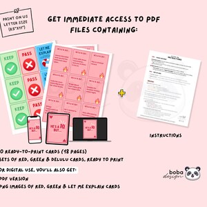 May include: Digital download of printable cards with the text "He's a 10 but..." and "Keep" or "Pass" options. Includes instructions, PDF, and PNG files. The cards are red, green, and blue.