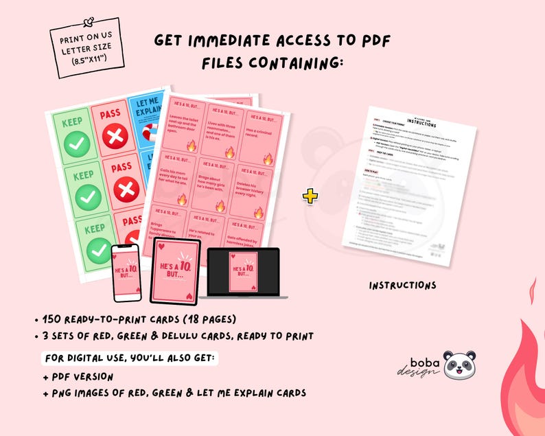 May include: Digital download of printable cards with the text "He's a 10 but..." and "Keep" or "Pass" options. Includes instructions, PDF, and PNG files. The cards are red, green, and blue.