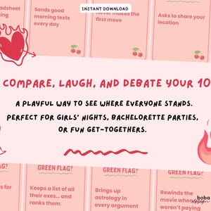 May include: A pink card game with the text "COMPARE, LAUGH, AND DEBATE YOUR 10s". The game is described as a playful way to see where everyone stands, perfect for girls' nights, bachelorette parties, or fun get-togethers. Includes illustrations of a heart, cherries, and a cocktail.