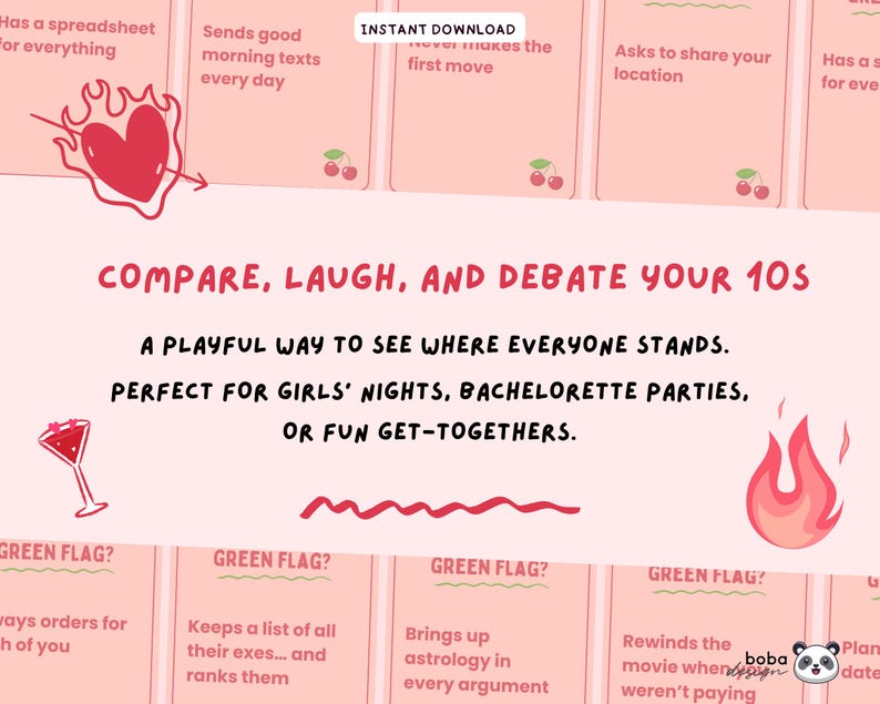 May include: A pink card game with the text "COMPARE, LAUGH, AND DEBATE YOUR 10s". The game is described as a playful way to see where everyone stands, perfect for girls' nights, bachelorette parties, or fun get-togethers. Includes illustrations of a heart, cherries, and a cocktail.