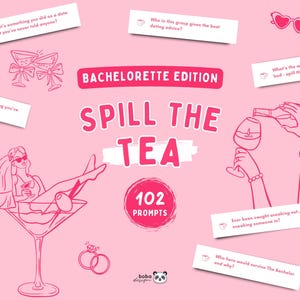 以下が含まれることがあります： 「Spill the Tea」と「102 Prompts」のテキストが入ったピンク色の独身パーティーゲーム。イラストには、マティーニグラスに入った花嫁、ワイングラス、ハート型のサングラスが含まれています。ゲームにはプロンプトが含まれています。