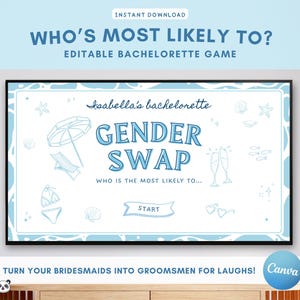 May include: A light blue and white bachelorette party game titled "Who's Most Likely To?" with the text "Gender Swap." The design includes beach-themed illustrations like an umbrella, lounge chair, and seashells. The game is an instant download.