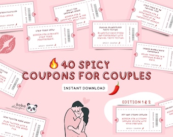 May include: A set of 40 printable coupons for couples, with a red chili pepper and the text "40 Spicy Coupons for Couples" in a red and white font. The coupons are pink and white with black text and feature a variety of spicy activities for couples to enjoy.