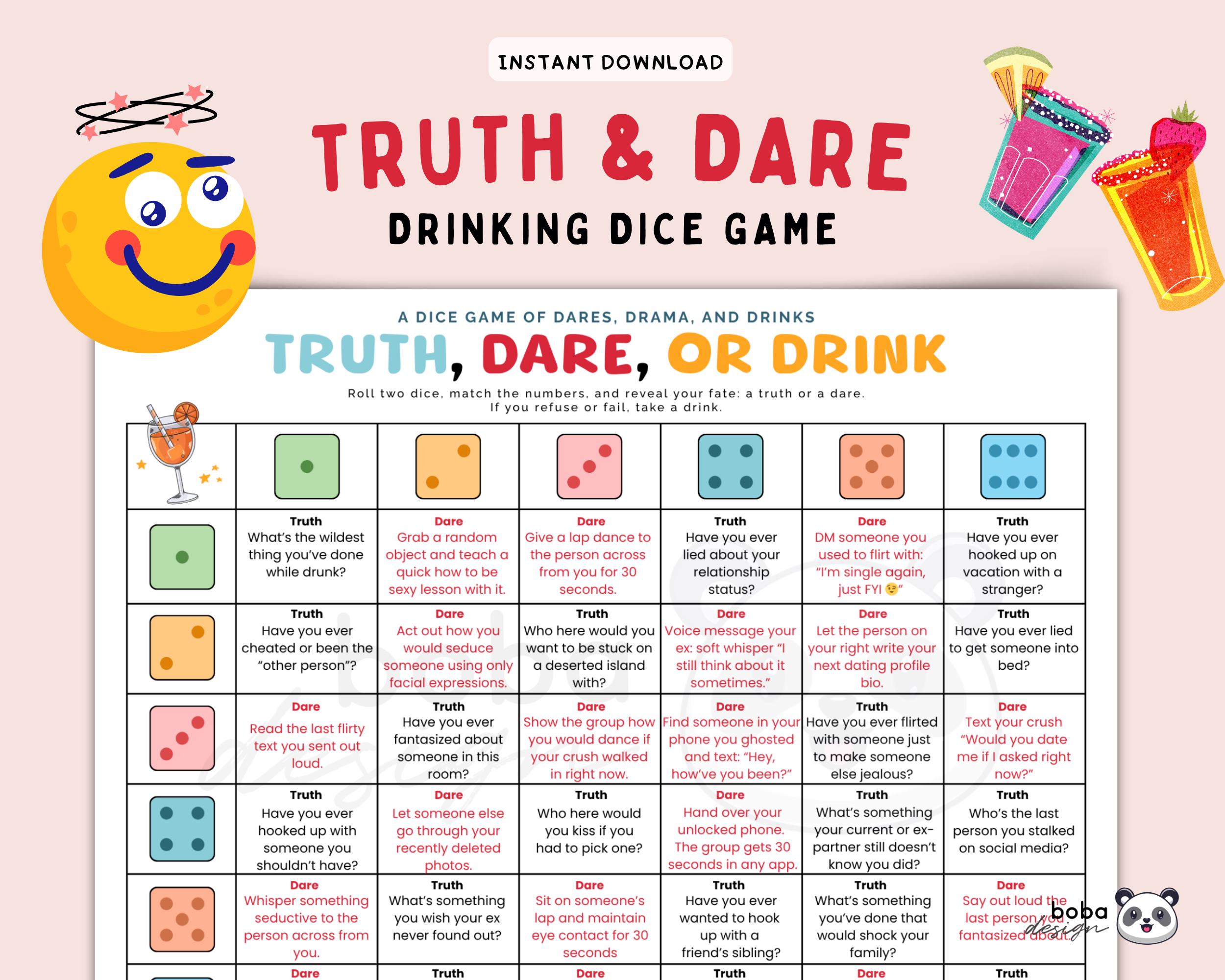 Printable Truth Or Dare Game Pre-drinking Party Game Date Night Games Dirty Dice Game Couple Dare Dirty Truth and Dare Adult Games couple