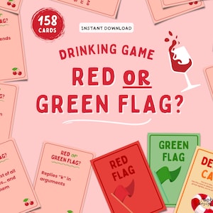 Könnte beinhalten: Ein Trinkspiel namens "RED OR GREEN FLAG?" auf rosa Hintergrund. Das Spiel enthält Karten mit Aufforderungen, eine rote Flaggenkarte, eine grüne Flaggenkarte und eine "DELULU CARD". Das Spiel hat 158 Karten und ist ein Sofort-Download.