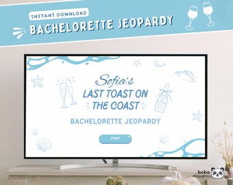 Last Toast on The Coast Bachelorette Jeopardy Game Jeu-questionnaire sur Canva modifiable Modèle d'anecdotes sur la fête nuptiale de la côte EVJF modifiable