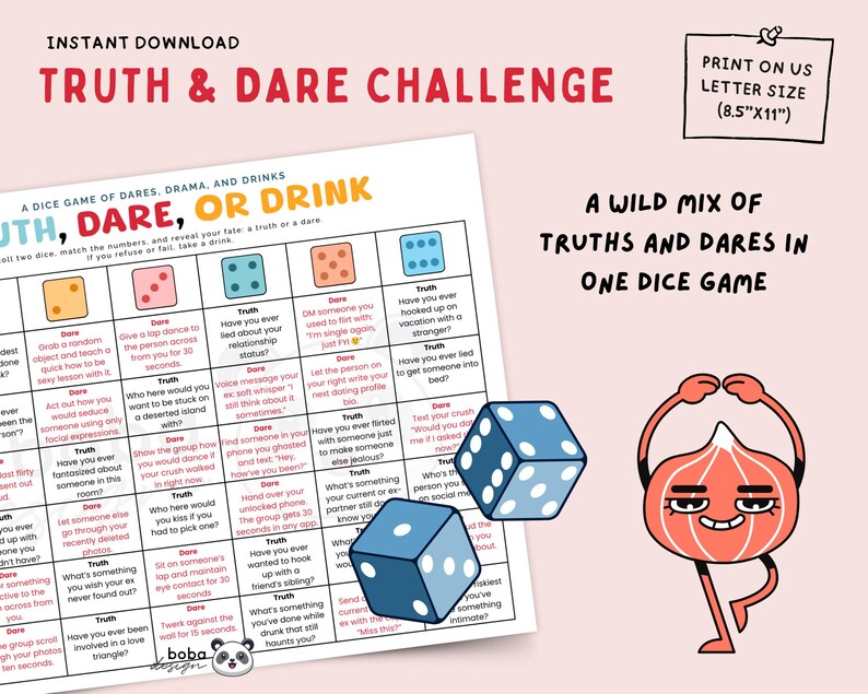 Printable Truth or Dare Game Pre-drinking Party Game Date Night Games