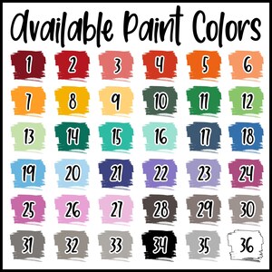 Może przedstawiać: Siatka 36 pr&oacute;bek kolor&oacute;w farb, każda z unikalnym kolorem i numerem. Tekst "Available Paint Colors" znajduje się na g&oacute;rze. Kolory wahają się od czerwieni i pomarańczy po błękity i fiolety, z r&oacute;żnorodnością zieleni, ż&oacute;łci i szarości.