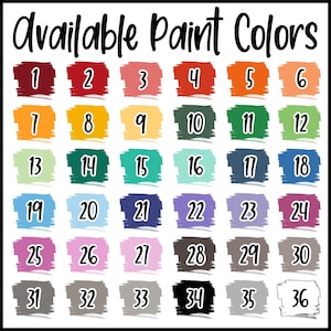 May include: A grid of 36 paint color swatches, each with a unique color and number. The text "Available Paint Colors" is at the top. Colors range from reds and oranges to blues and purples, with a variety of greens, yellows, and grays.